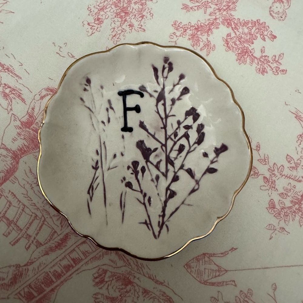 Anthropologie Botanical Monogram Trinket Dish “F”
